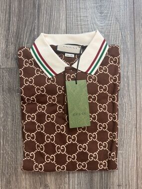 Gucci Brown GG Monogram Polo with Cream Collar and Red/Green Trim
